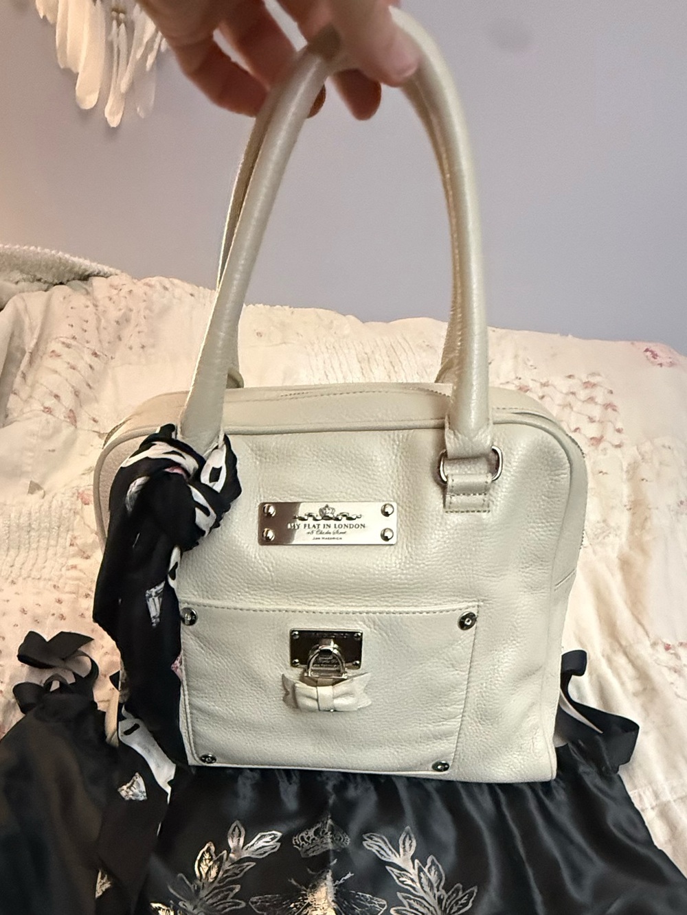 My Flat in London Cream Leather Satchel with Scarf Accent